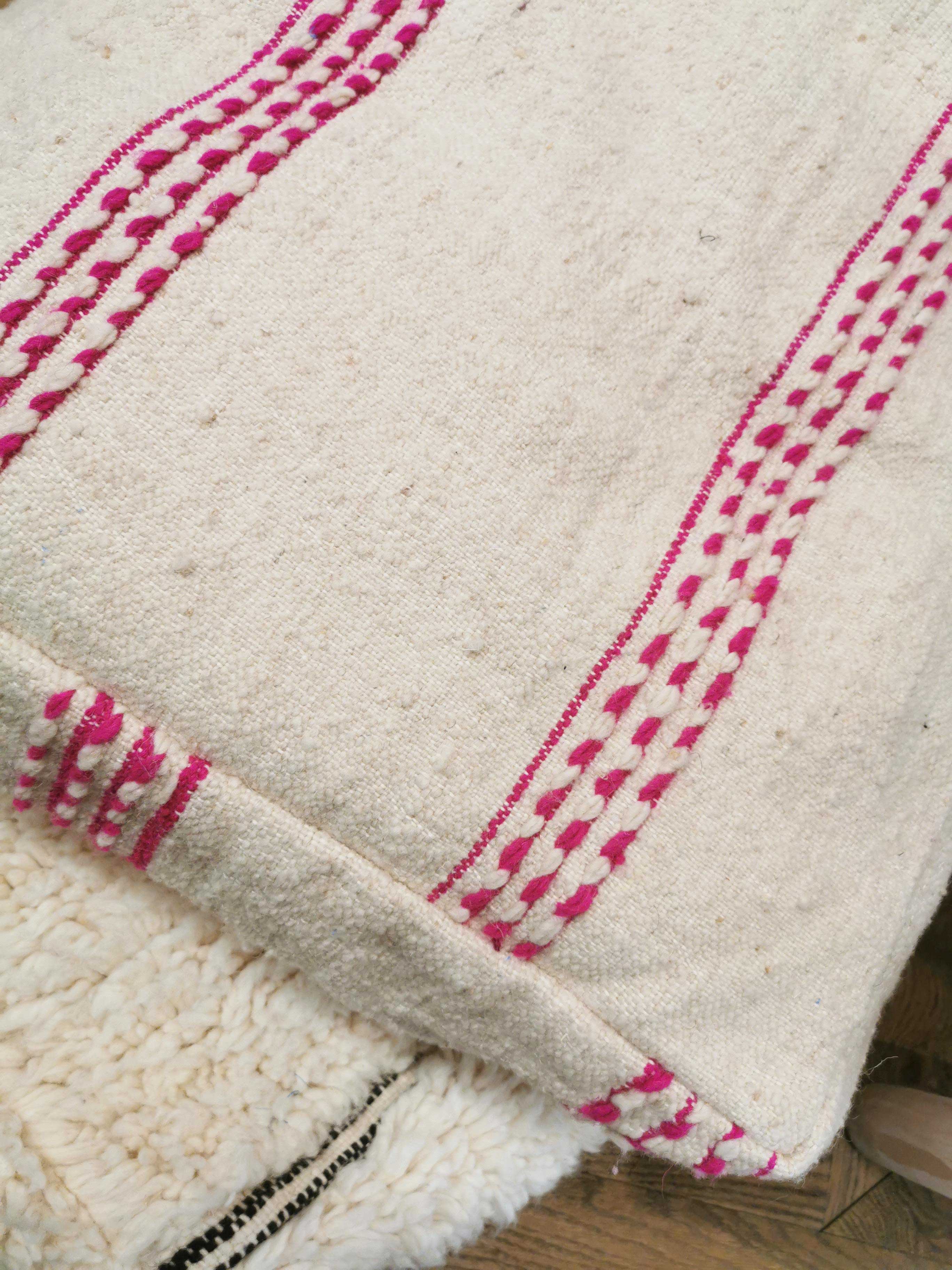 Berber kilim ottoman cover with fuchsia pink stripes