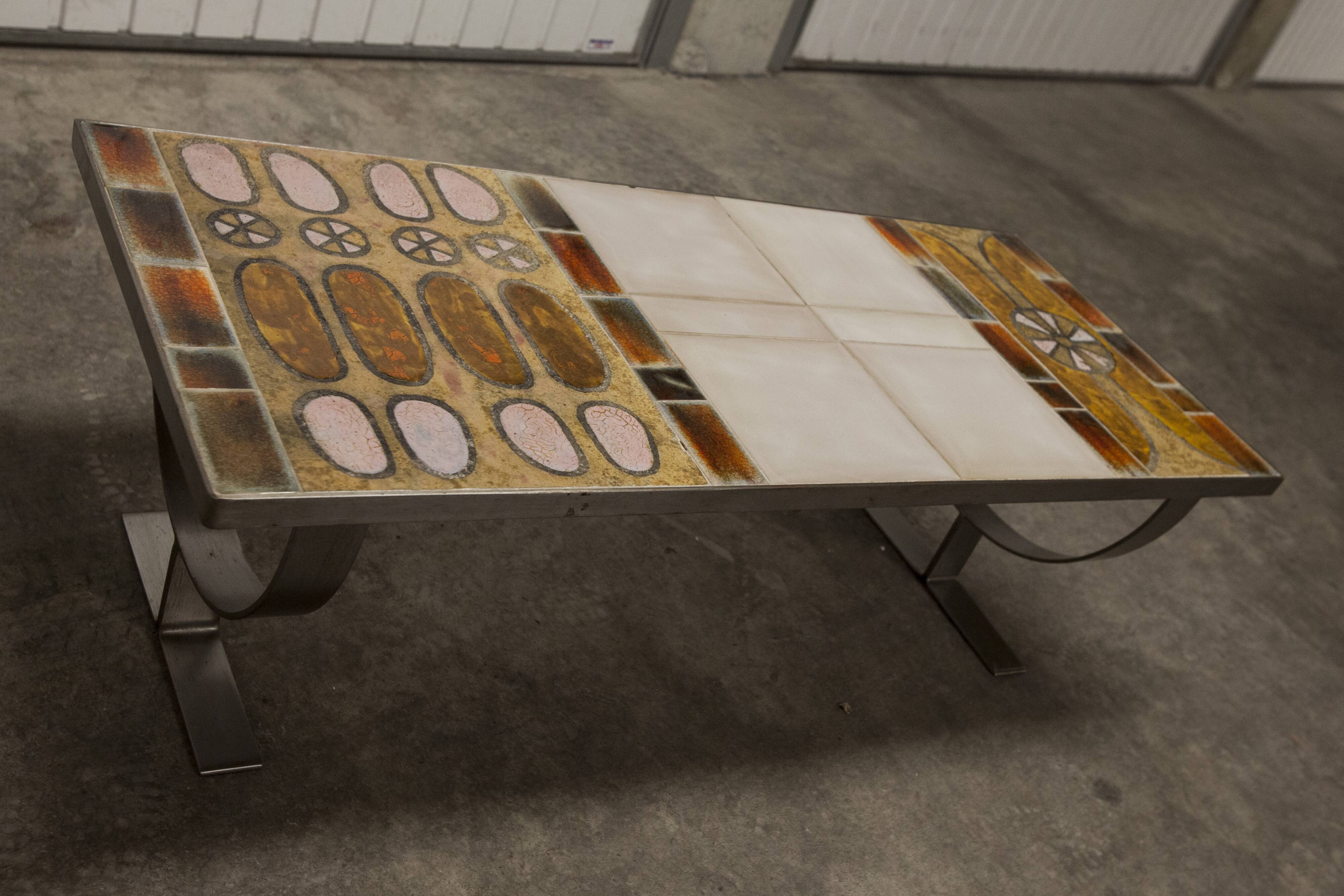 Ceramic coffee table and brushed steel Roche Bobois design Gregorieff 70s, 108x47cm