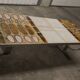 Ceramic coffee table and brushed steel Roche Bobois design Gregorieff 70s, 108x47cm