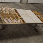 Ceramic coffee table and brushed steel Roche Bobois design Gregorieff 70s, 108x47cm