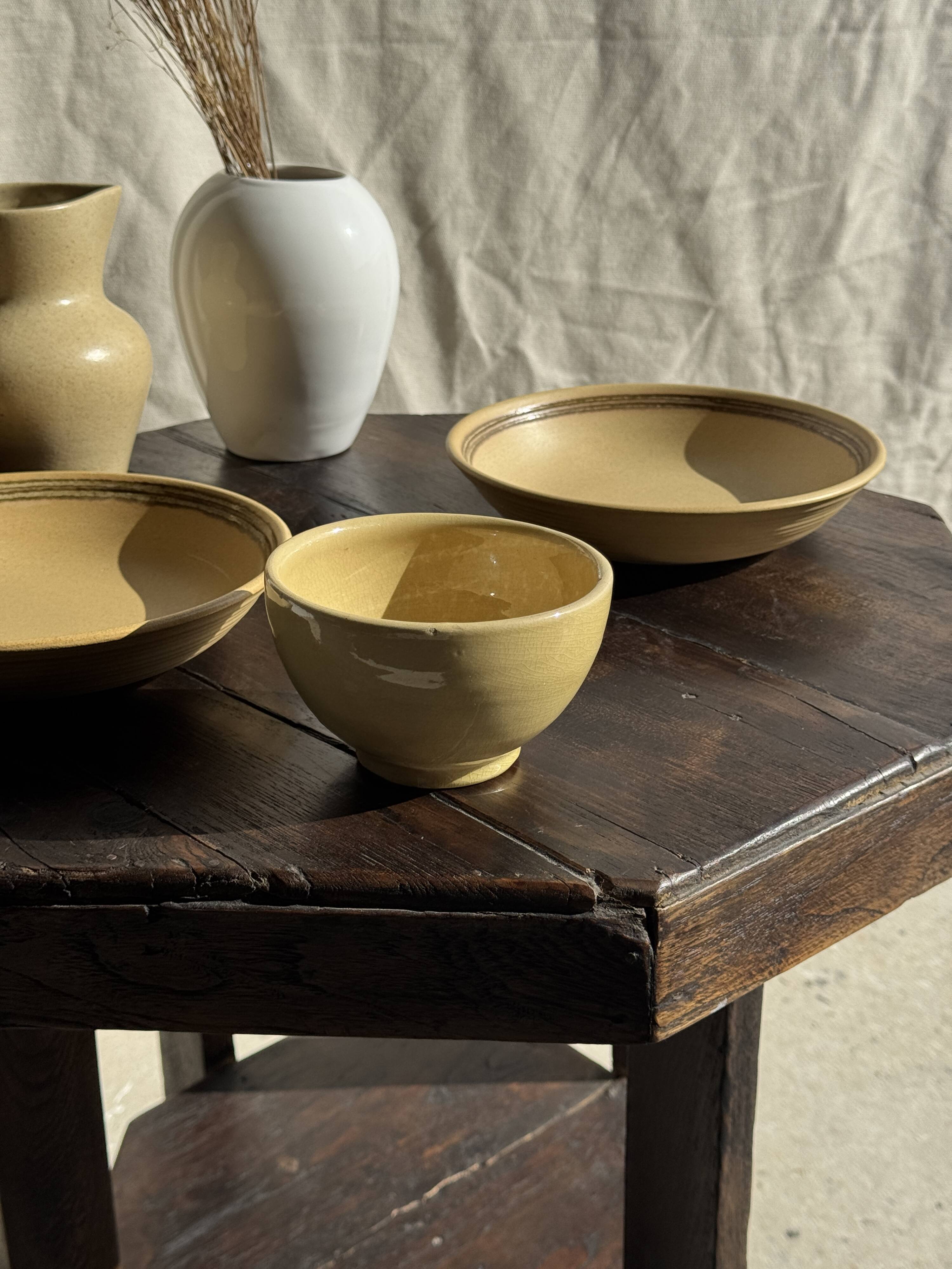 Small vintage yellow terracotta bowl with a handmade pedestal H8 D12