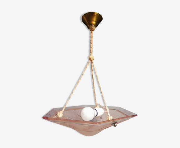 Lustre art déco en verre moulé pressé rose en état de marche