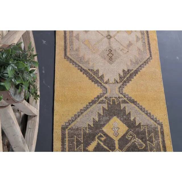 Vintage Turkish Hand-Knotted Wool Cotton Yellow Runner Rug 81x204