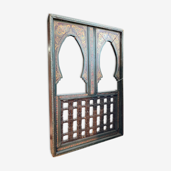 Ancient Morocco Moucharabieh window wooden decoration painted polychrome Carved and turned wood