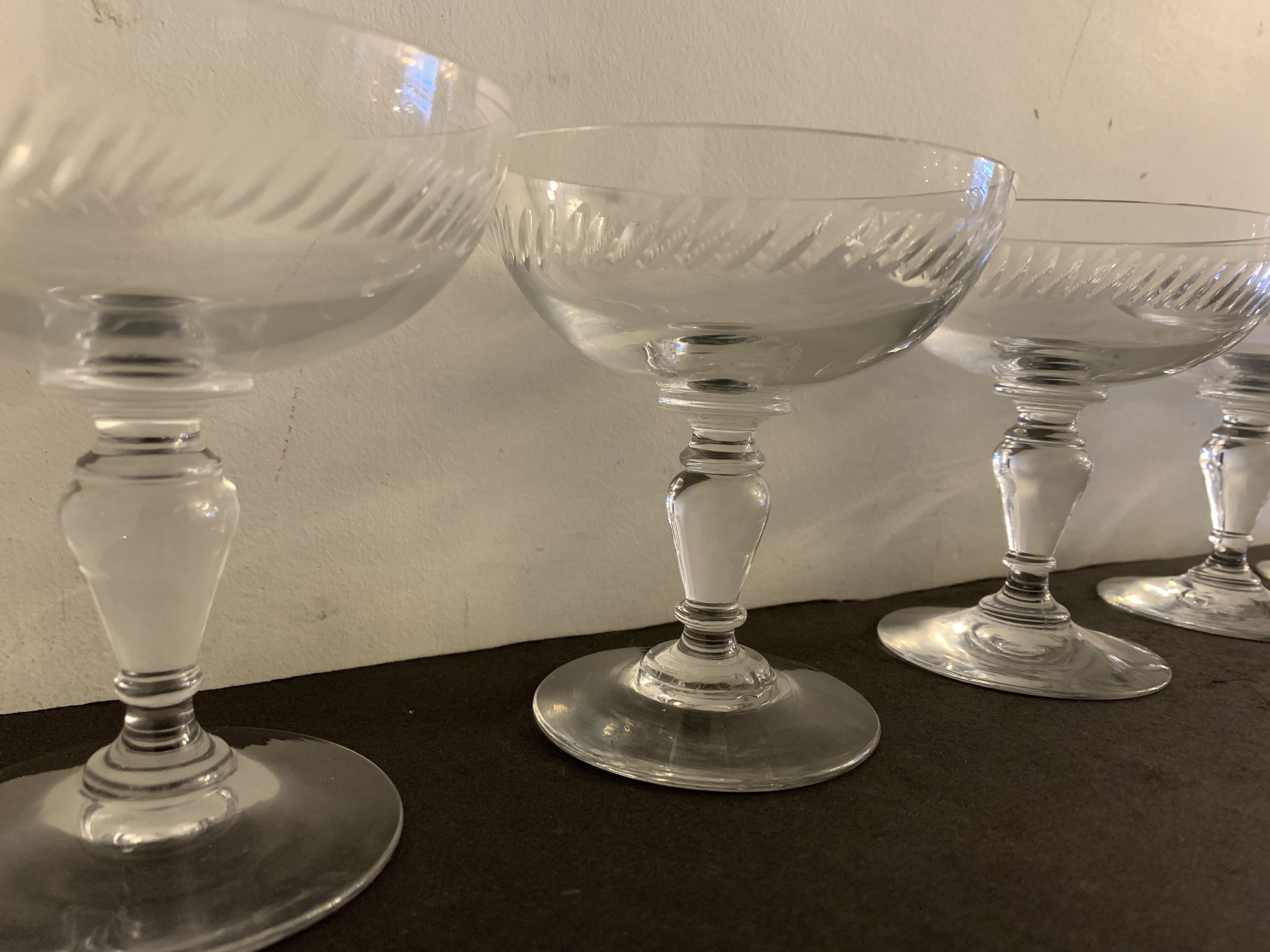 6 old champagne glasses in blown crystalline