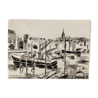 Watercolor port of Sanary-Sur-Mer