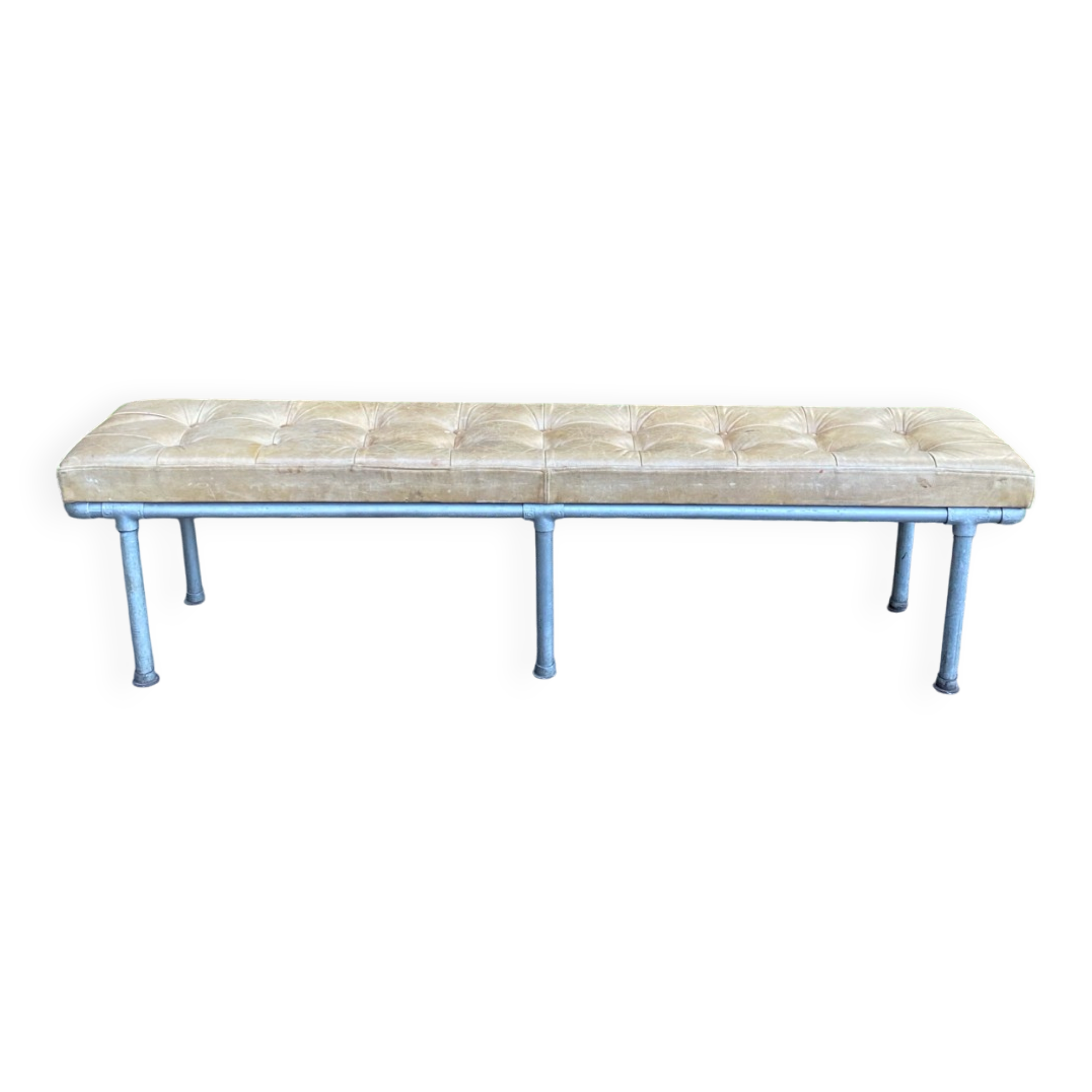 Vintage Italian industrial bench in leather and metal.