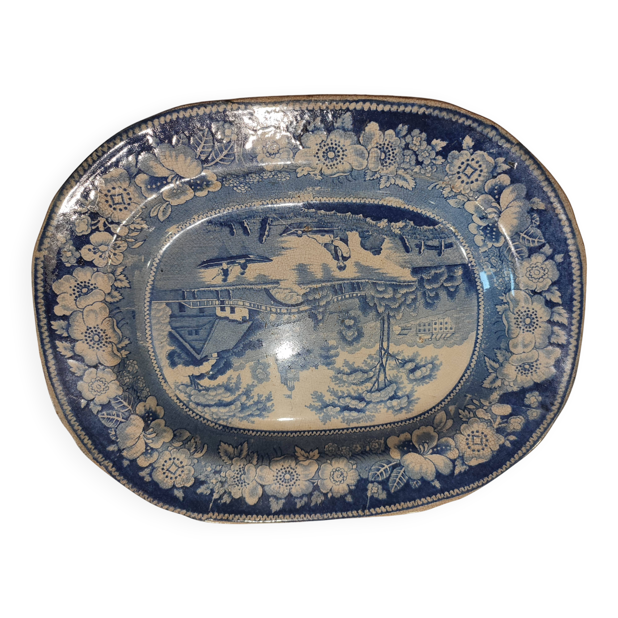 Antique serving platter in English earthenware 1850 Wild Rose