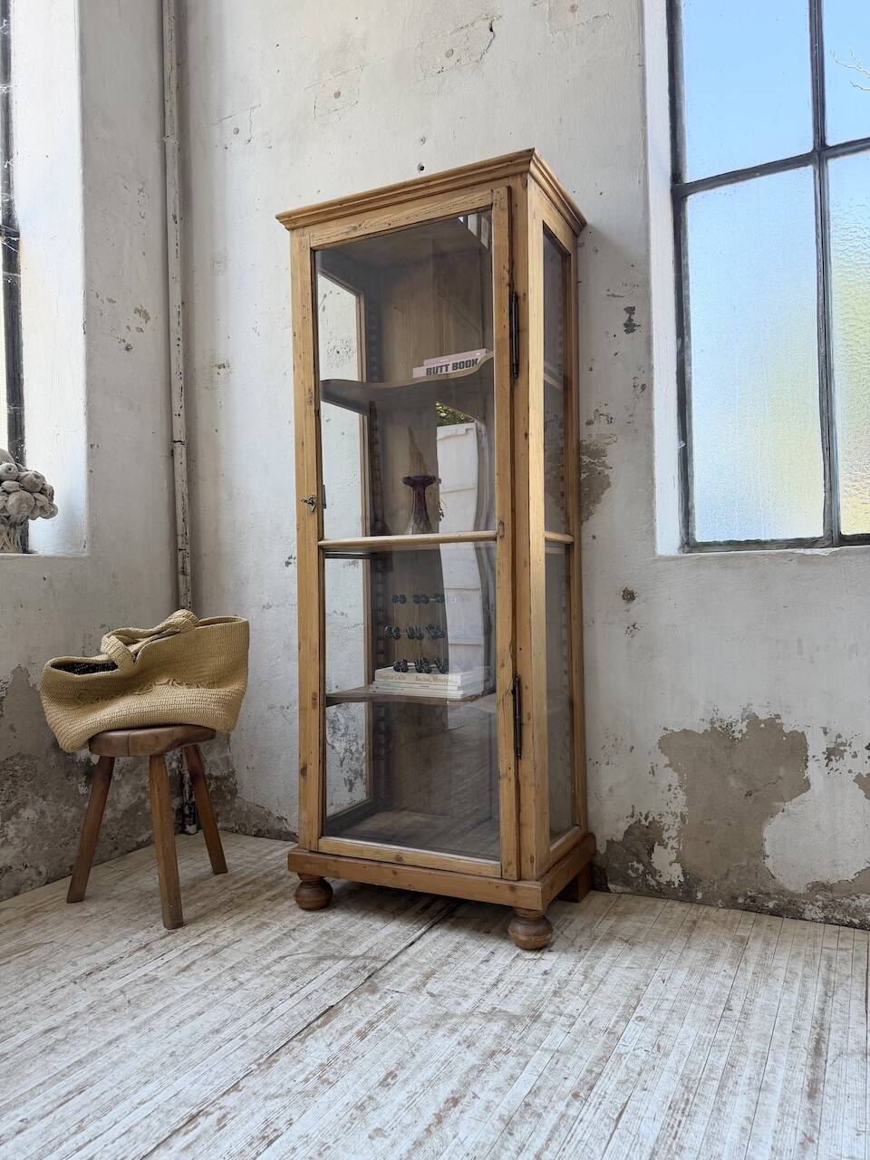 19th-century English pine display cabinet