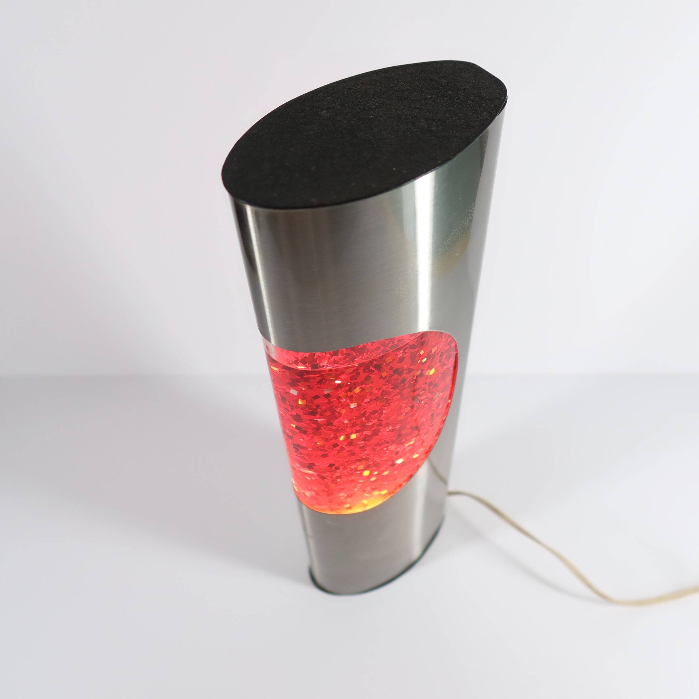 Retro decorative lamp with red glitter – brushed metal design