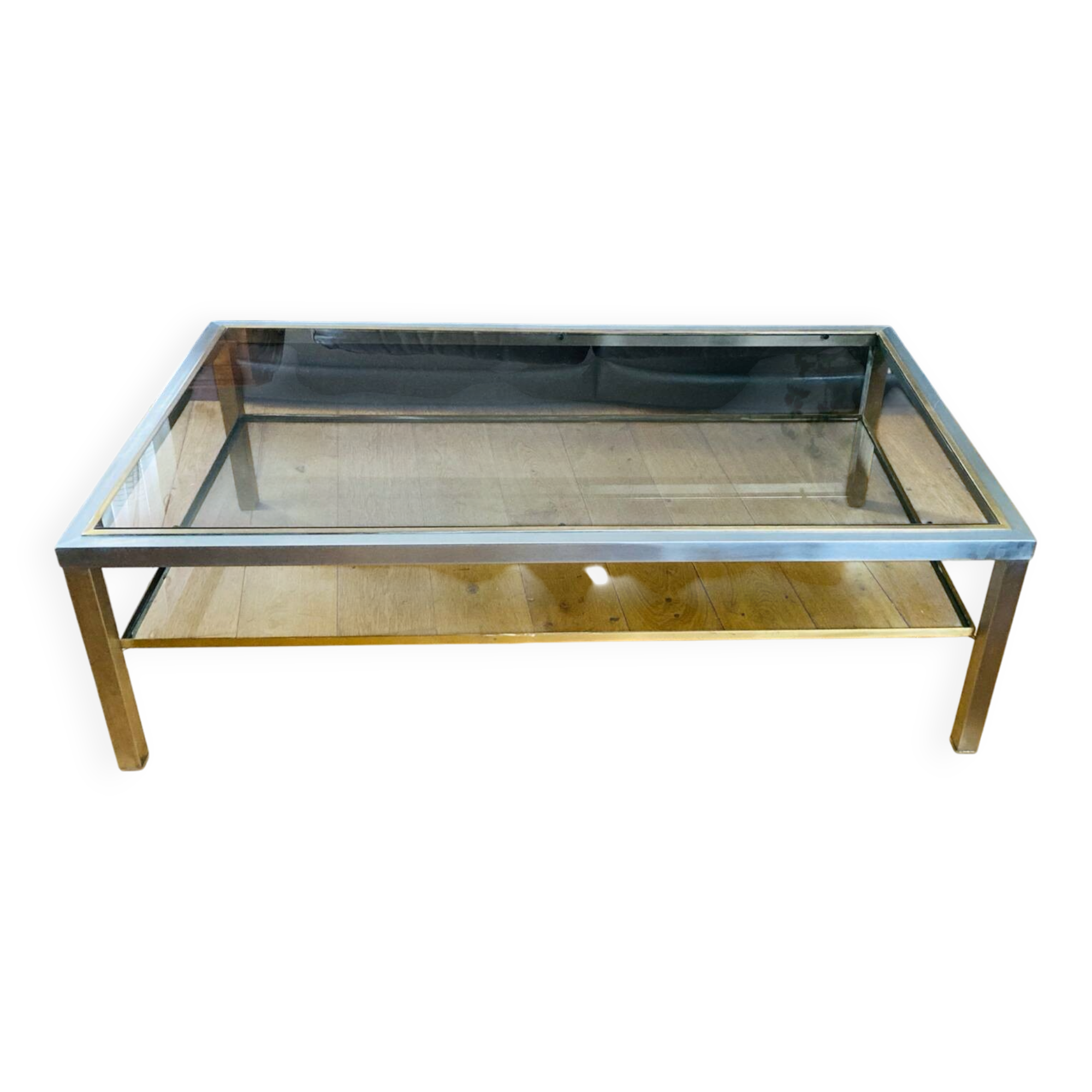 1970s coffee table in brushed metal, brass and smoked glass by Willy R