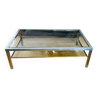 1970s coffee table in brushed metal, brass and smoked glass by Willy R