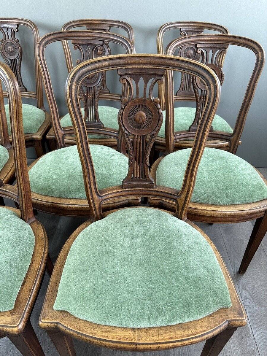 8 Vintage Wooden Chairs With Green Velvet Seat 20th Century