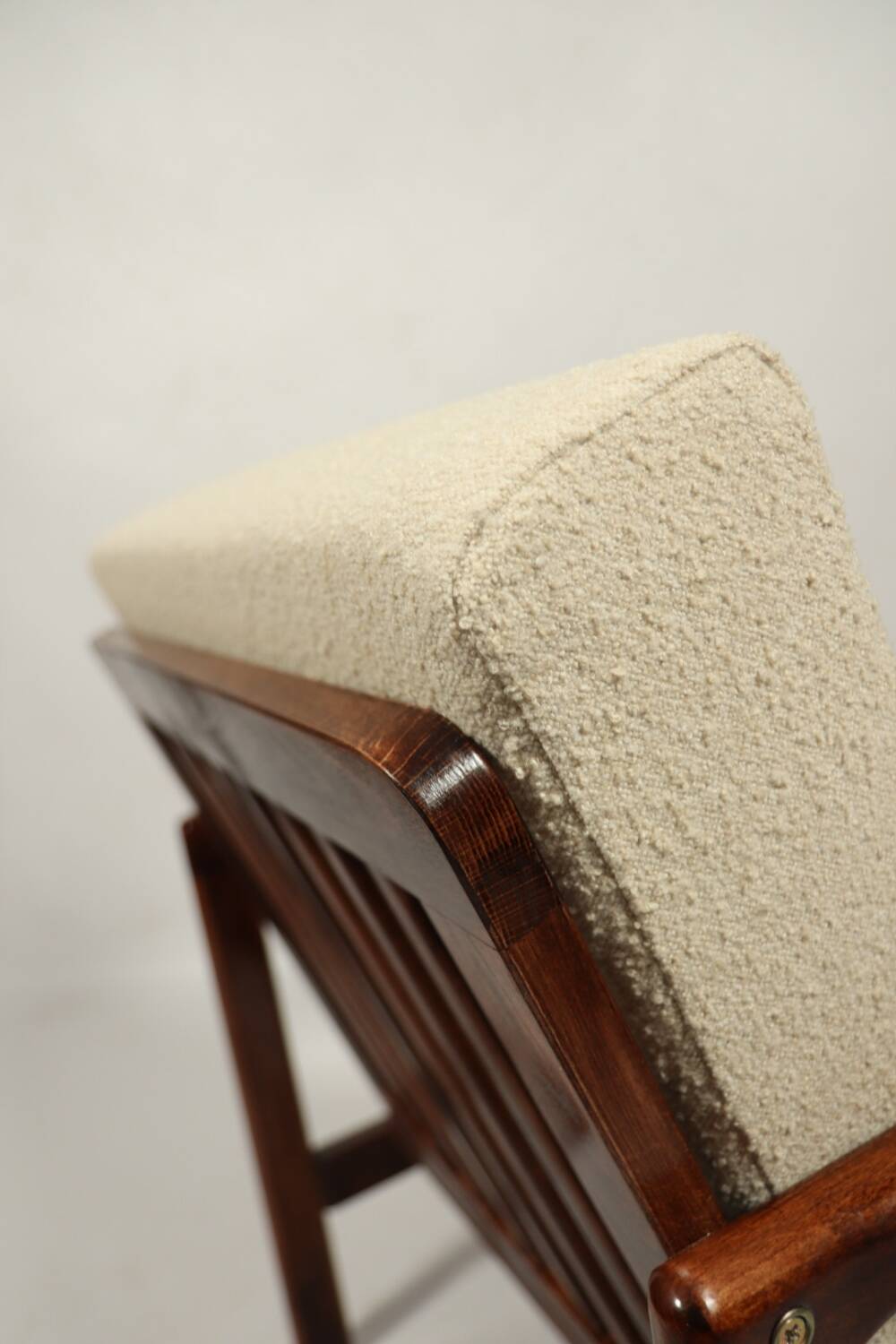 Vintage dark wood beige bouclé armchair by Z.Baczyk 1965
