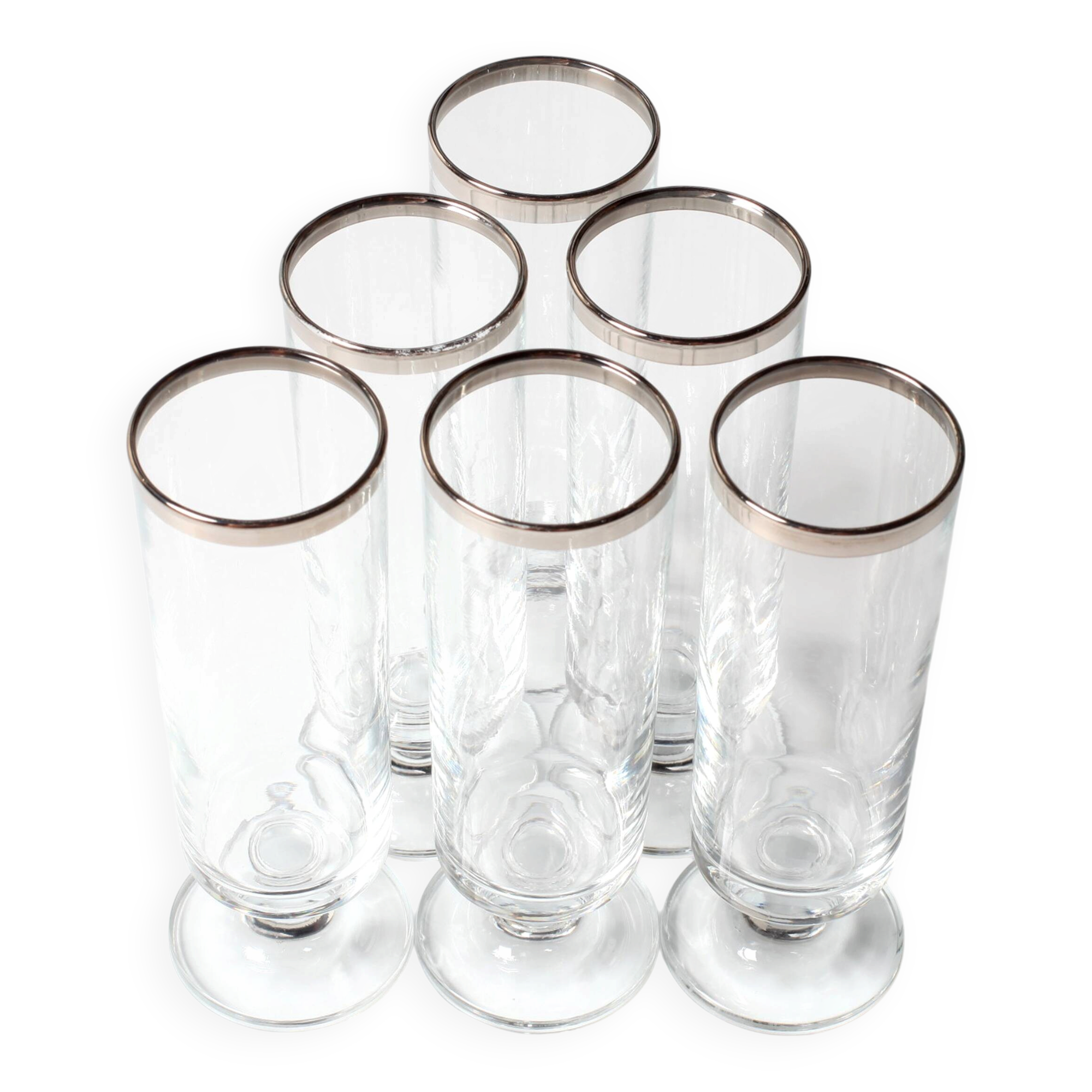 Ensemble de 6 verres à vin vintage italiens transparents avec bord en argent, verres à pied du milieu du siècle.