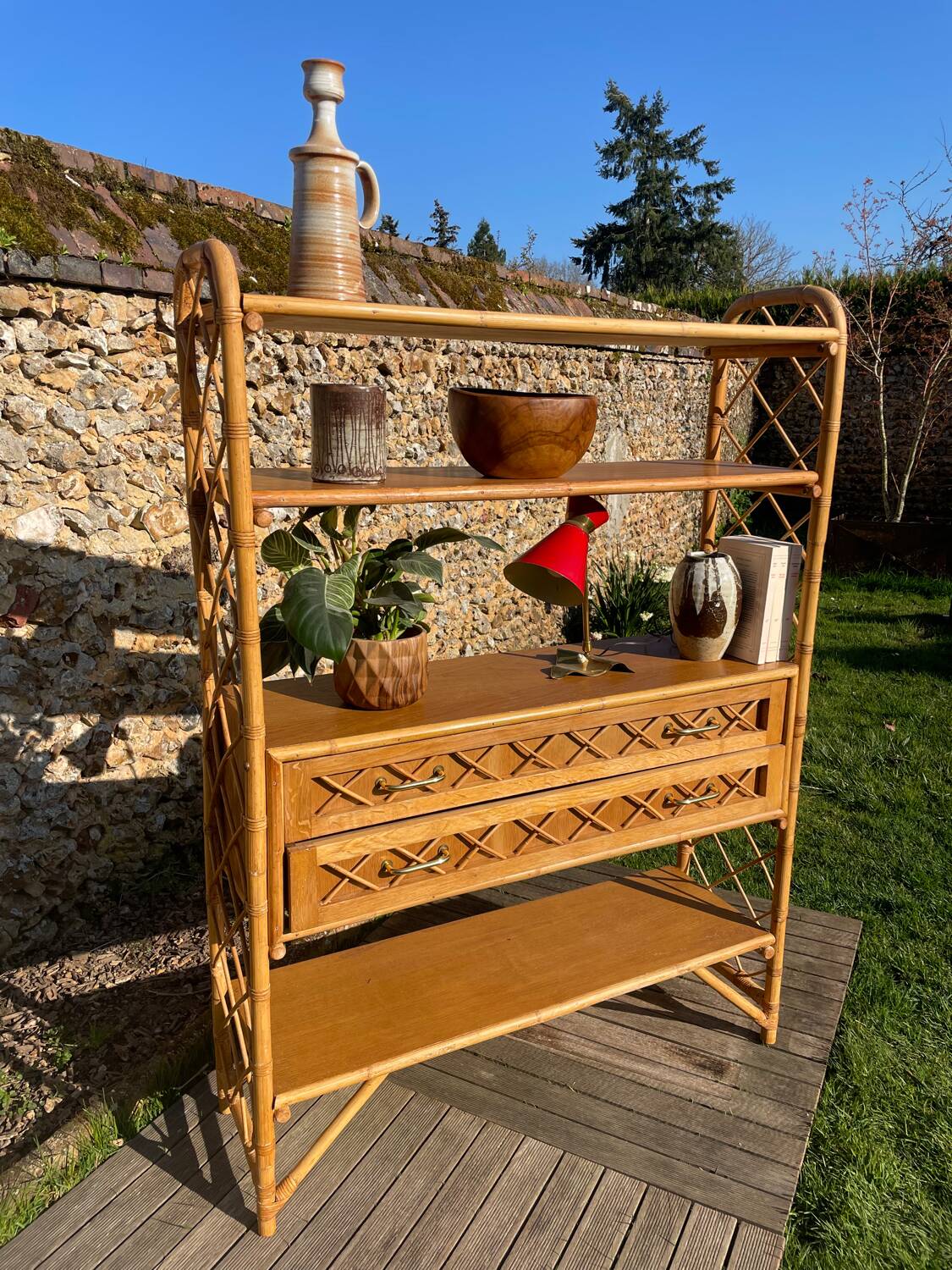 Vintage 1960s rattan and oak shelf by Louis Sognot