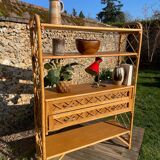 Vintage 1960s rattan and oak shelf by Louis Sognot