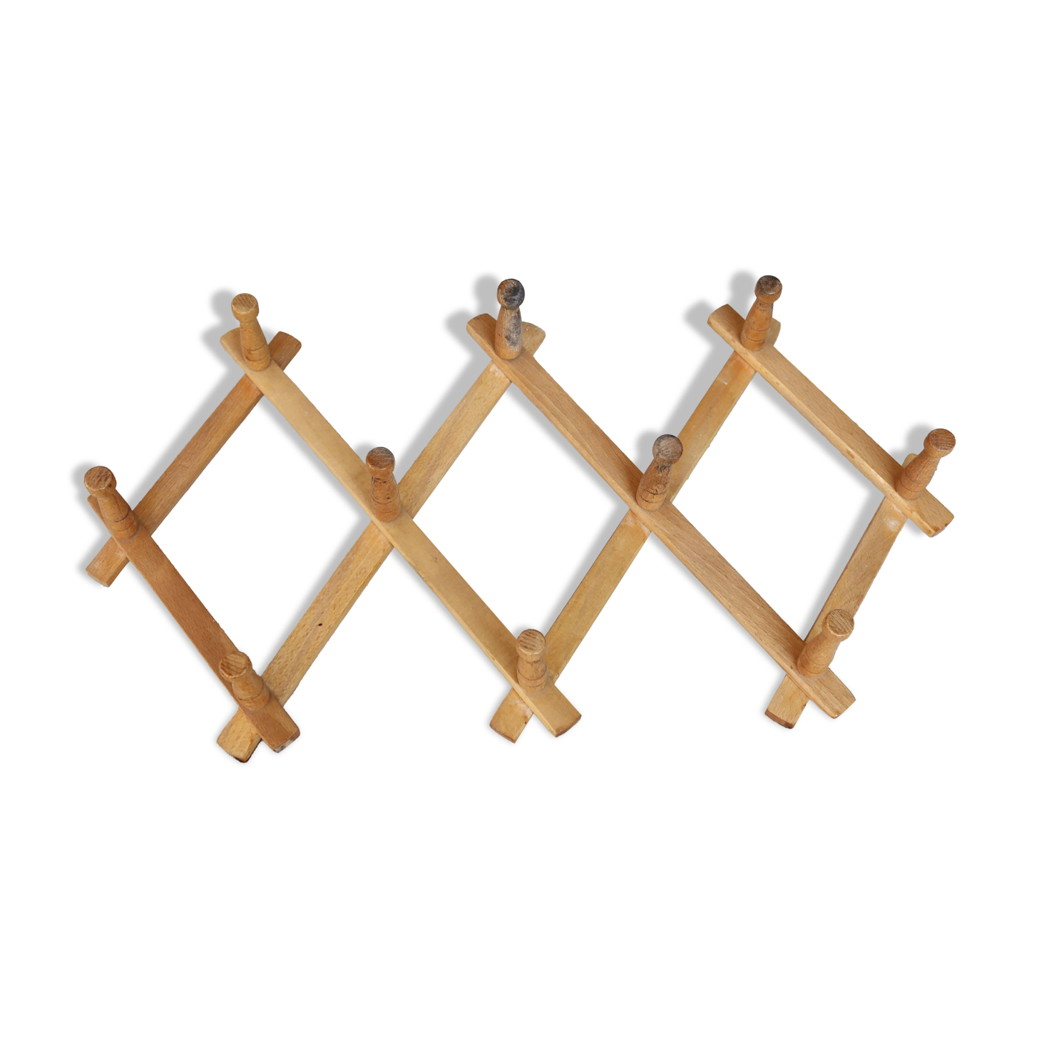 Vintage retractable wall-mounted coat rack made of pine wood