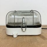 Industrial white porcelain cage wall light with ribbed glass, 1970s