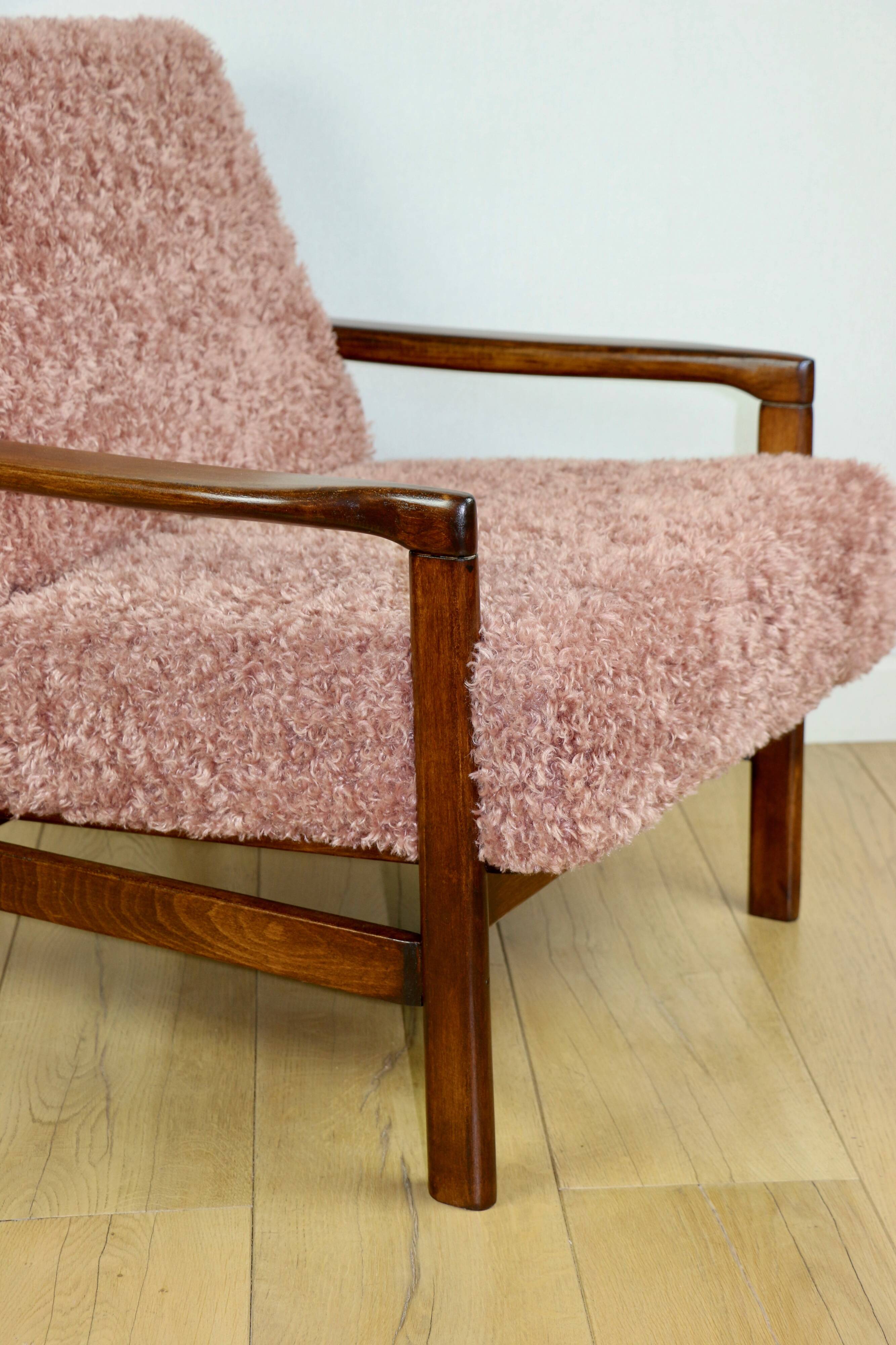 Wooden vintage brown armchair pink long hair proj. Z. Bączyk - 2 pieces available