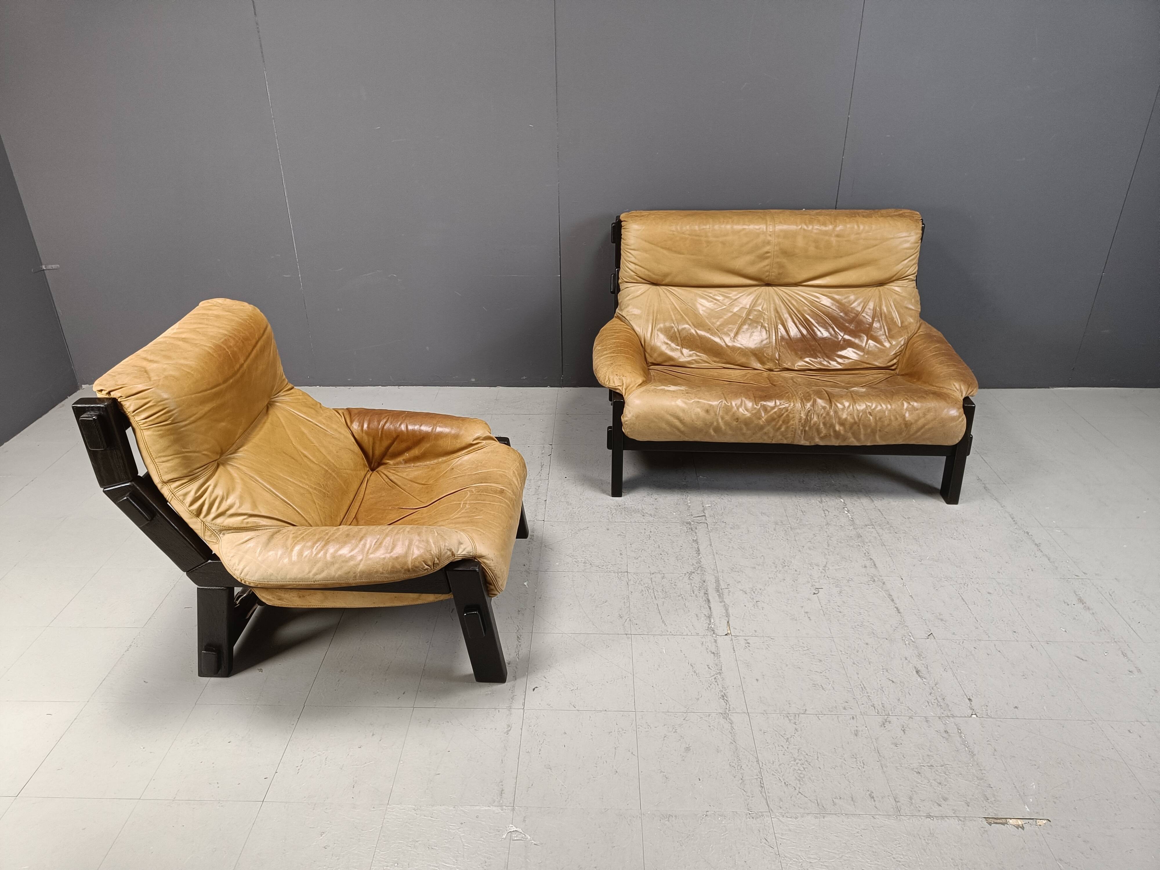 Vintage brown leather sofa set, 1960s