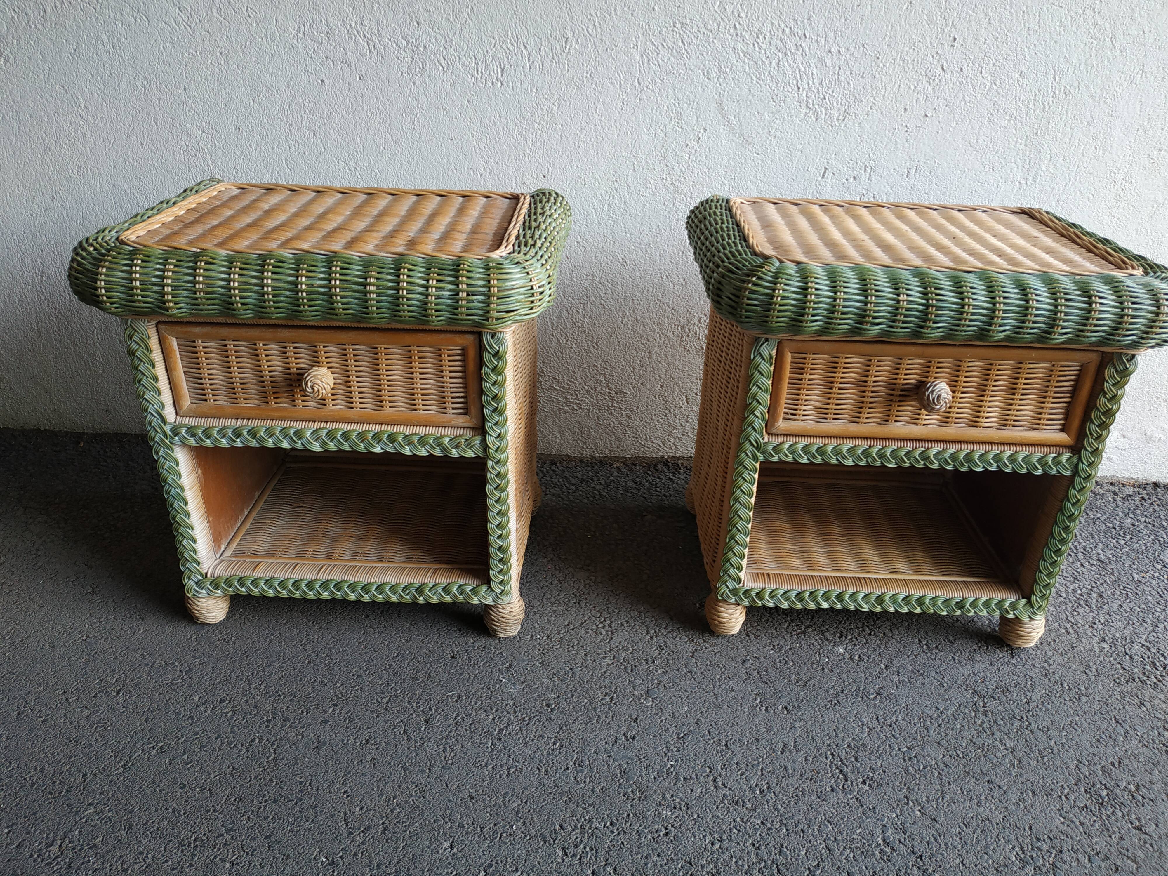 Pair of rattan and wicker bedside tables, 70s