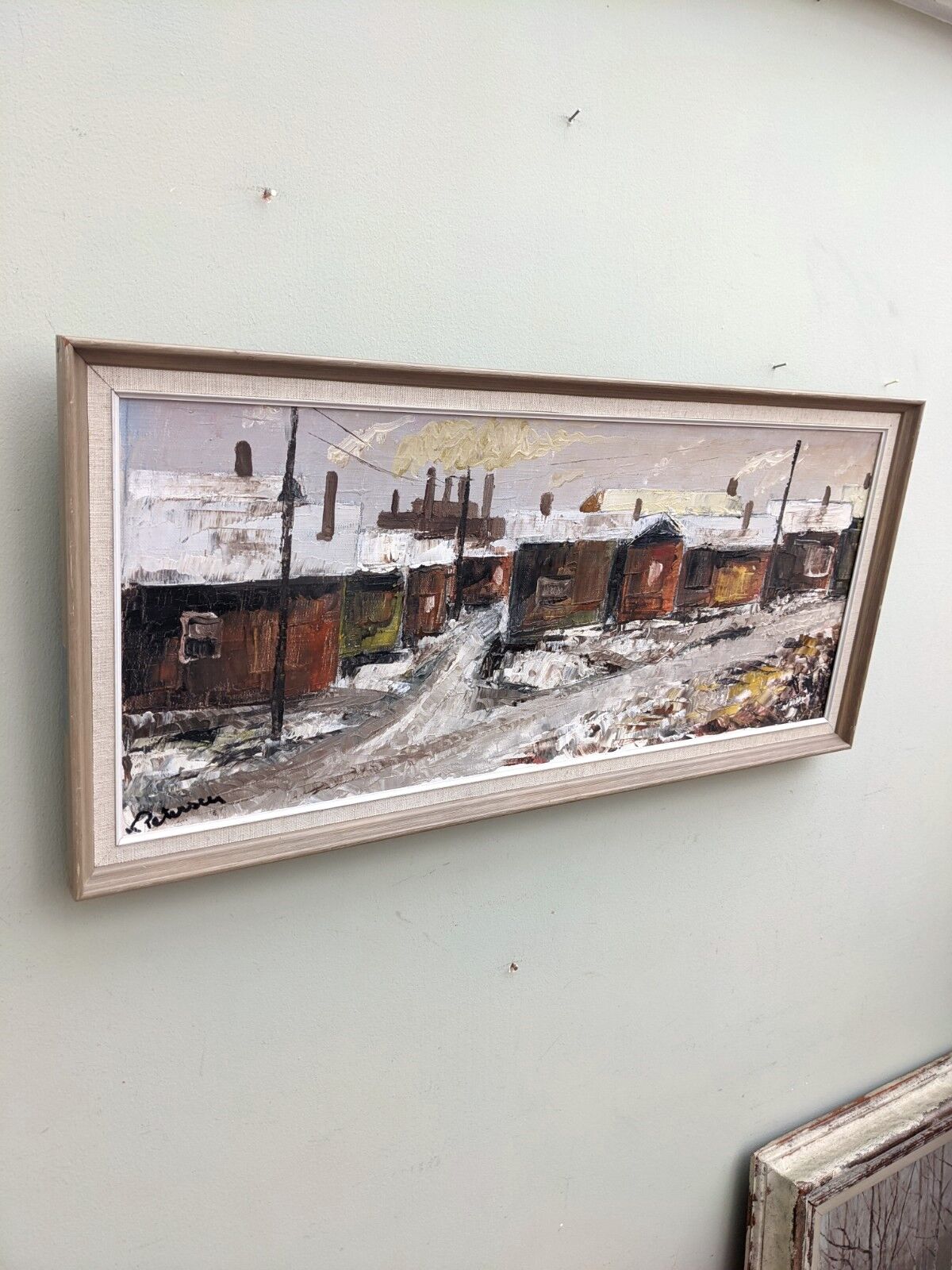 Mid-Century Modern Swedish "Chimneys" Vintage Winter Street Scene Oil Painting, Framed