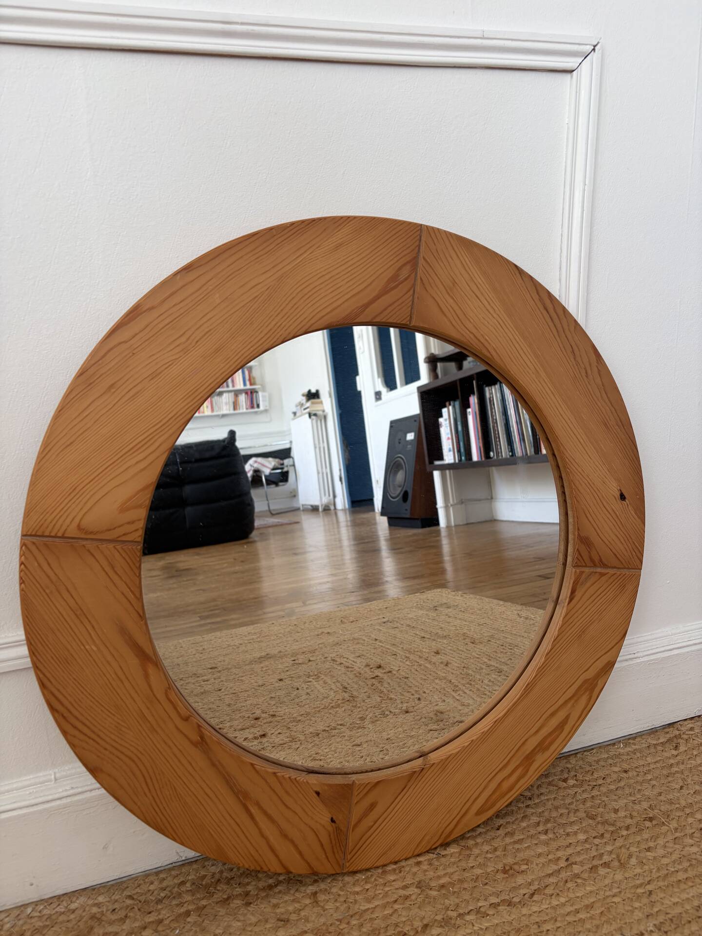 Round Scandinavian pine mirror from the 1970s.