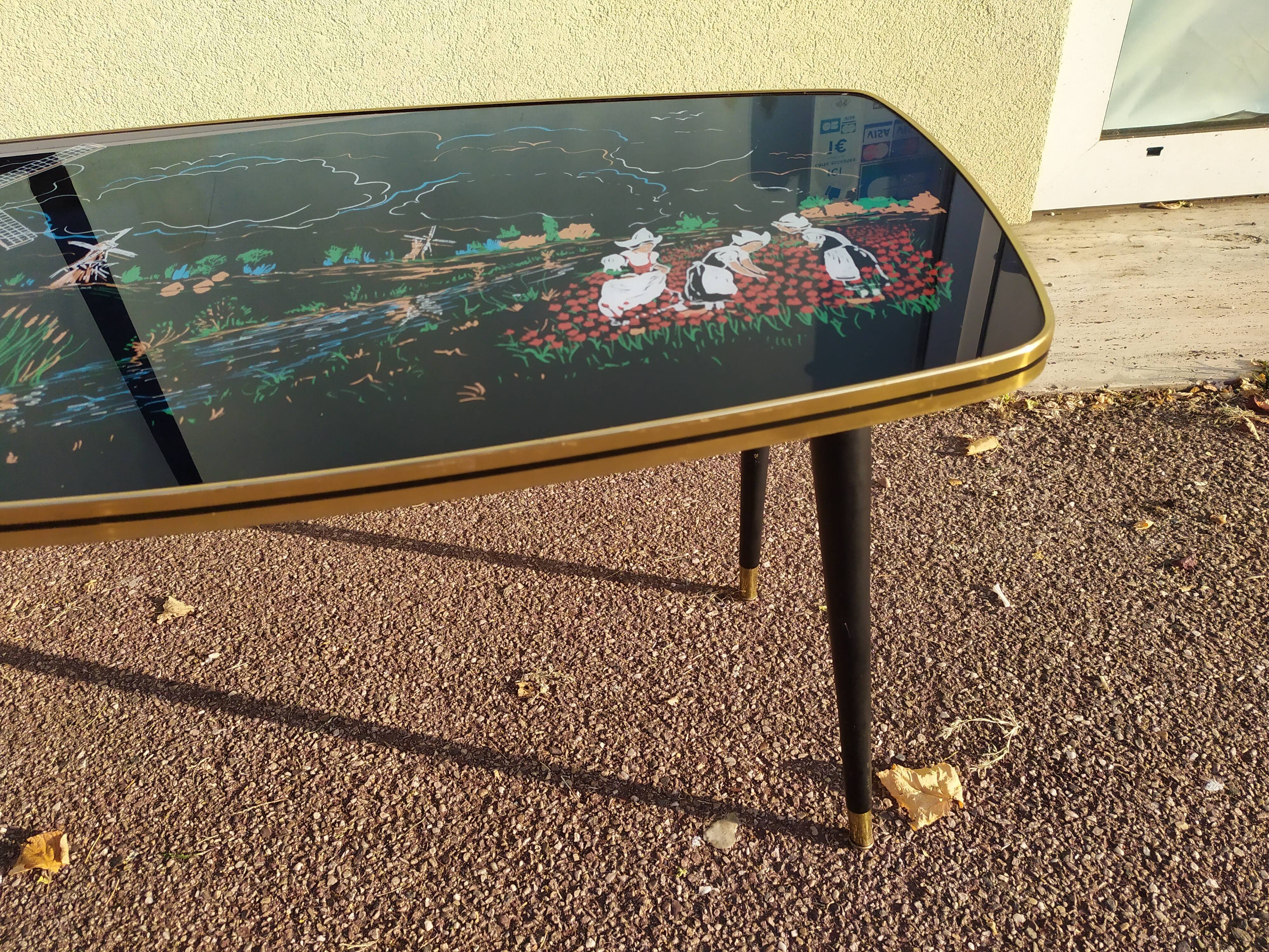 Table basse pieds compas formica verre paysage moulin breton - vintage 1960