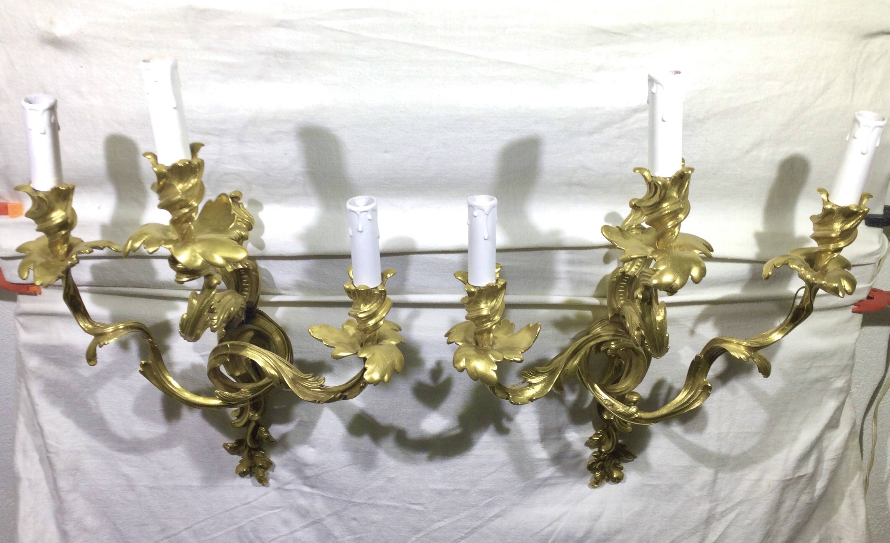 Pair of sconces Bronze 3 lights Louis XV