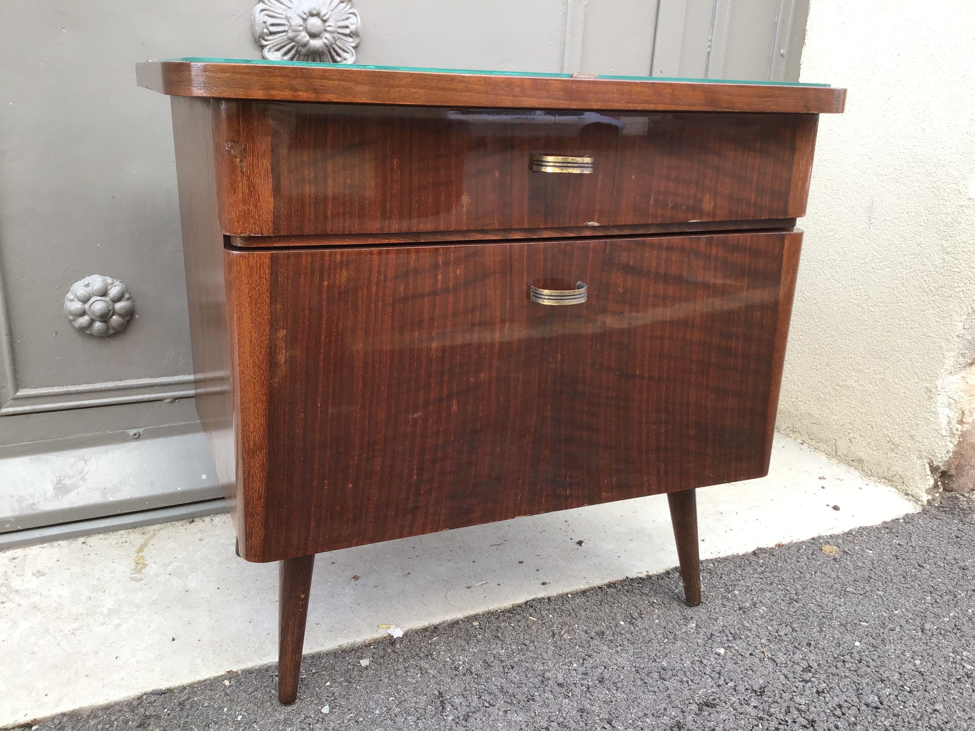 Scandinavian bedside feet compass 1970 walnut