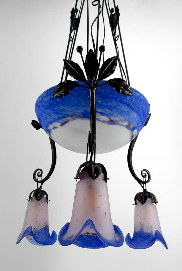 Lustre en Fer Forgé et Pâte de Verre Bleu, Art Deco, France