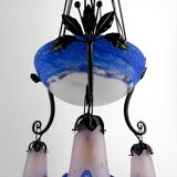 Wrought Iron and Blue Glass Paste Chandelier, Art Deco, France