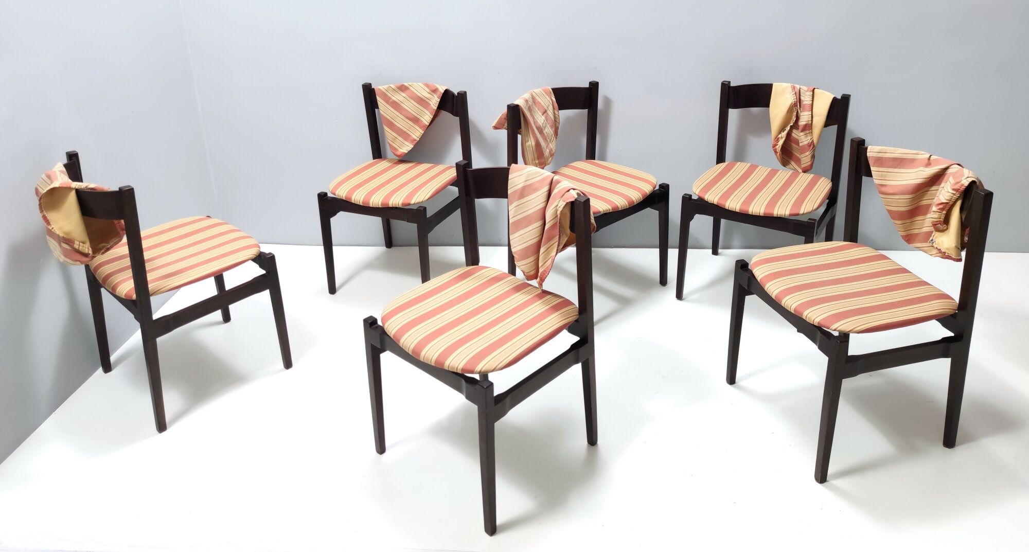 Vintage Set of Six Walnut Chairs by Gianfranco Frattini for Cassina with Stripe Patterned Orange Fab