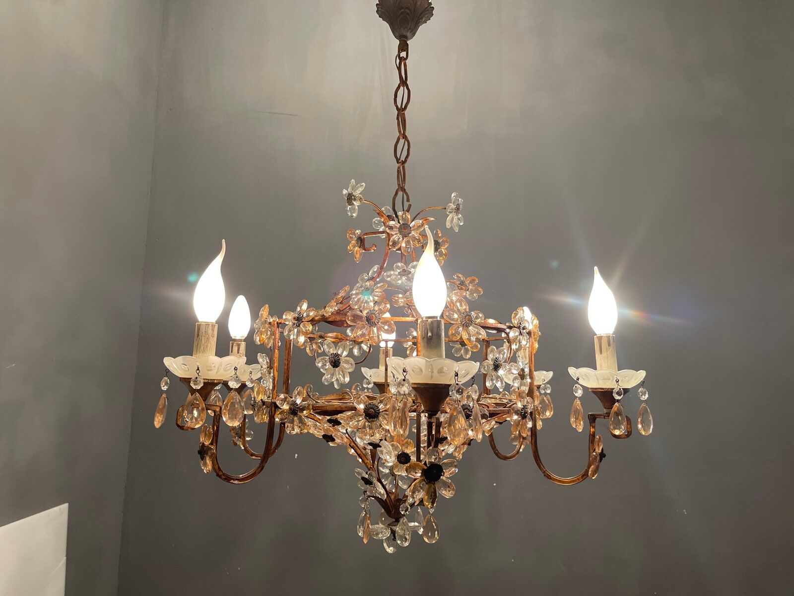 Italian Pink Murano Glass Flower Chandelier, 1950s