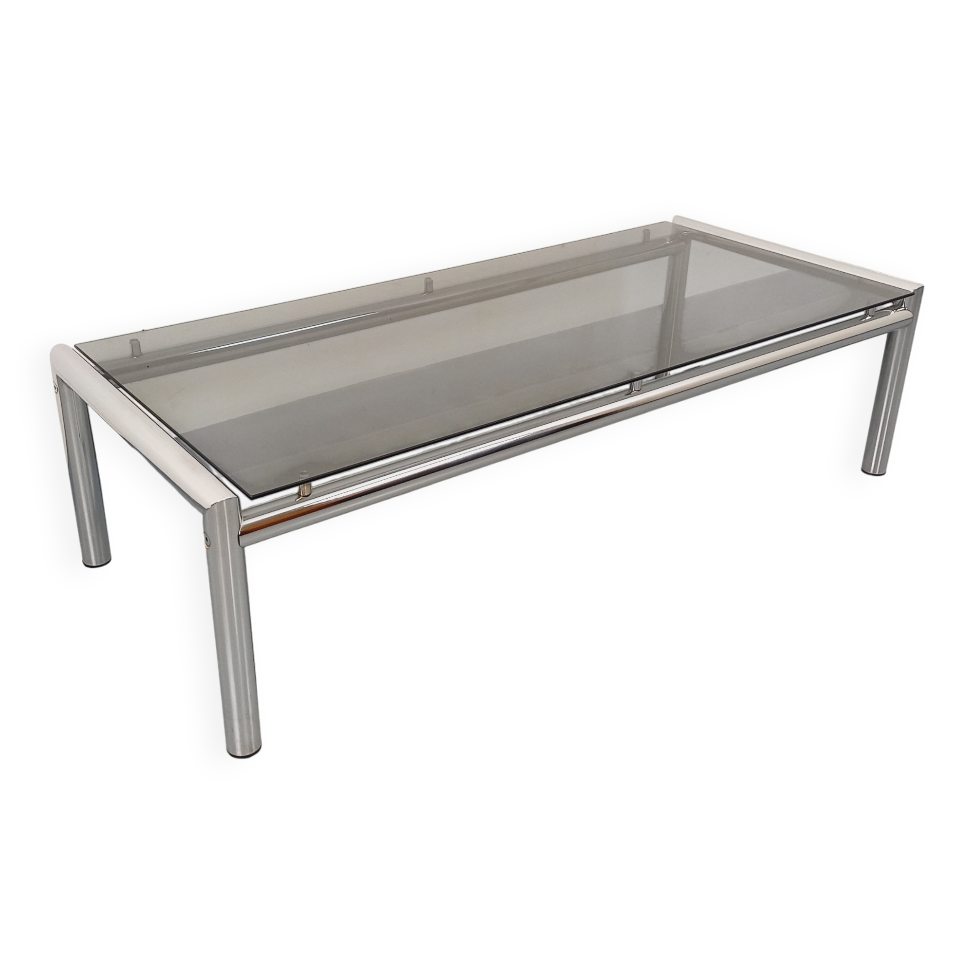 Vintage rectangular coffee table in smoked glass and chrome metal from the 1960s.