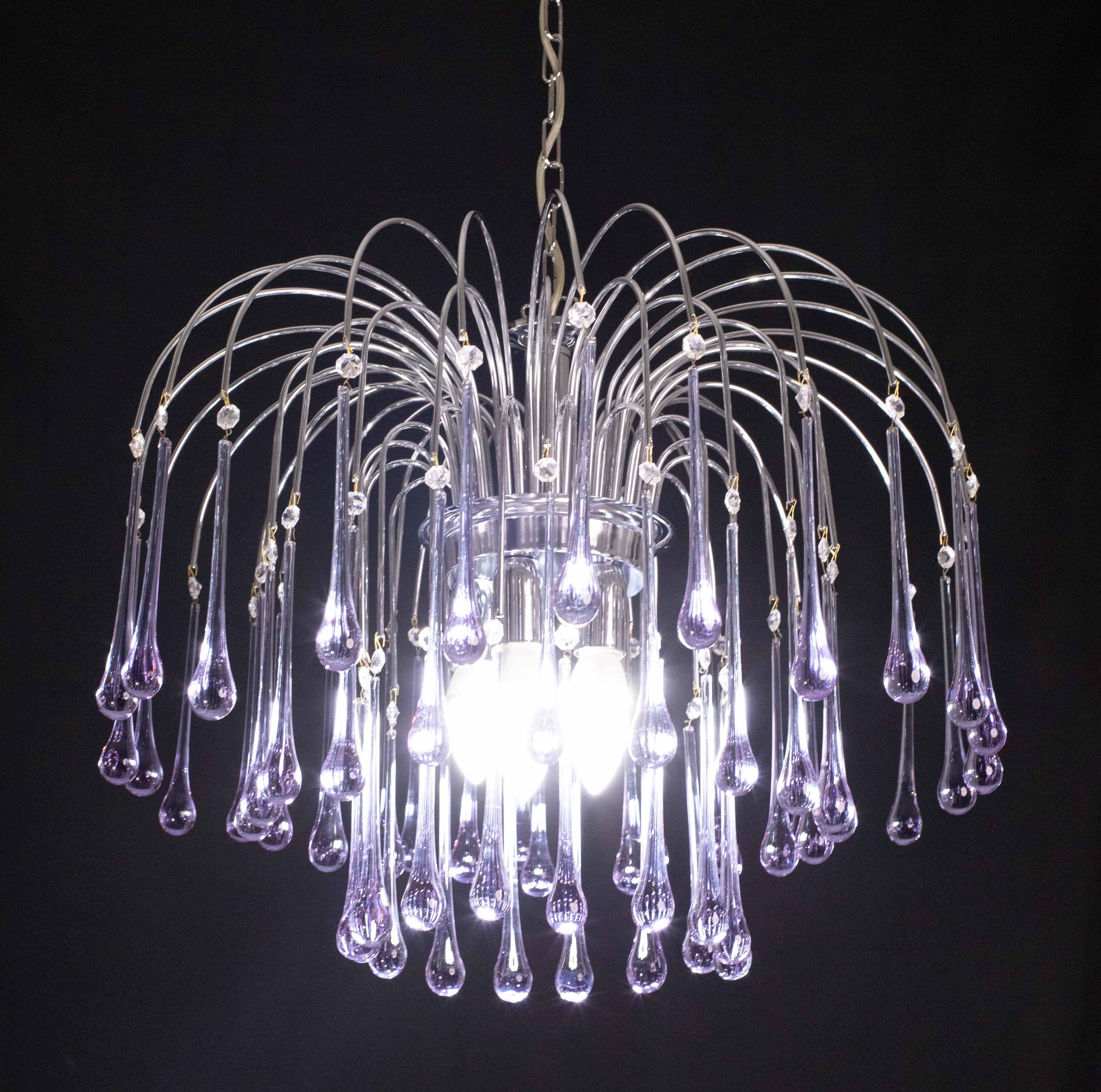 The Purple Crown, LArge Size Murano Chandelier Purple and Crystal Drops, 19