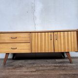 Enfilade vintage hifi tv cabinet in light wood compass feet 1950