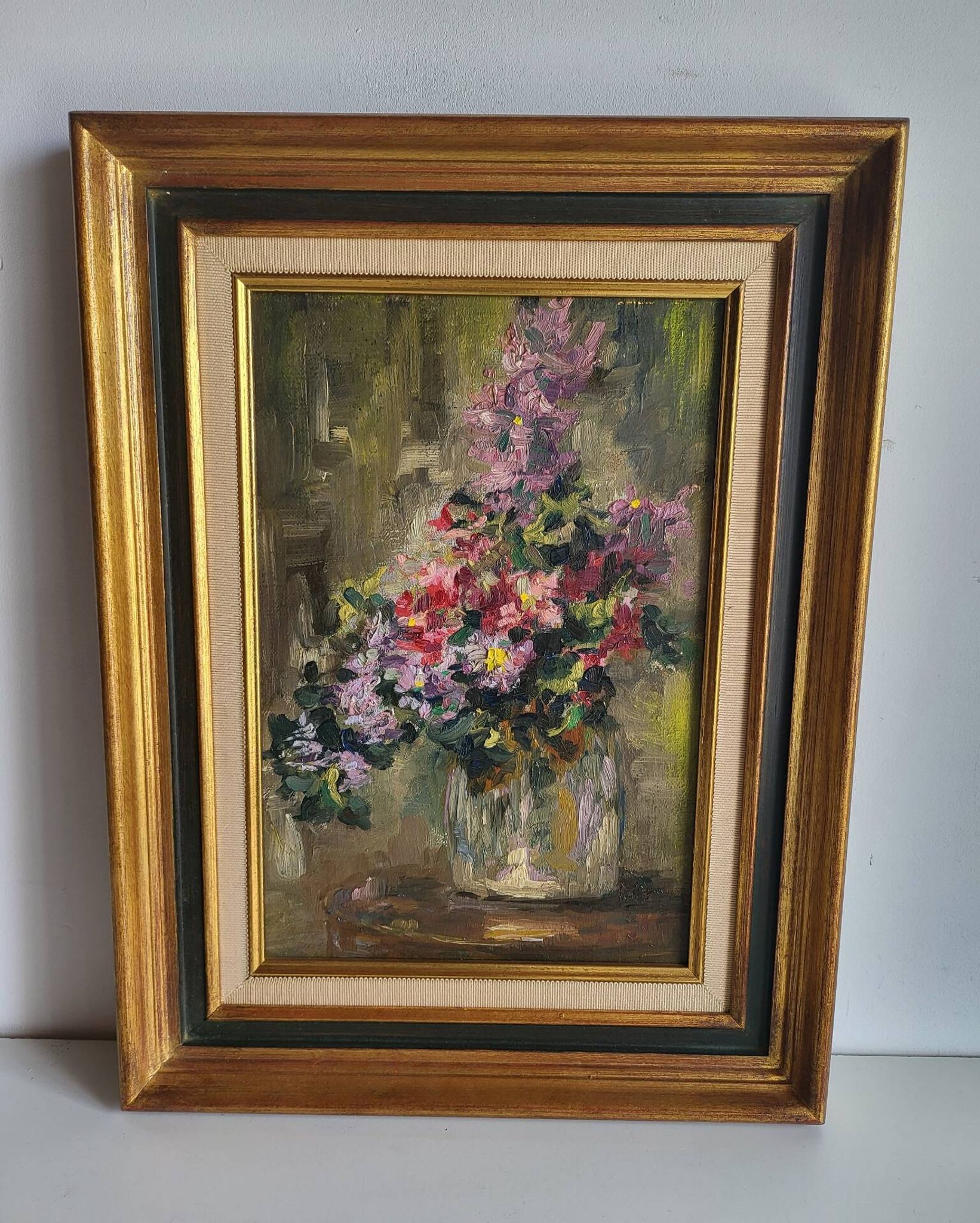 Still Life with Flower Bouquet Oil on Canvas Wooden Frame