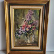 Still Life with Flower Bouquet Oil on Canvas Wooden Frame
