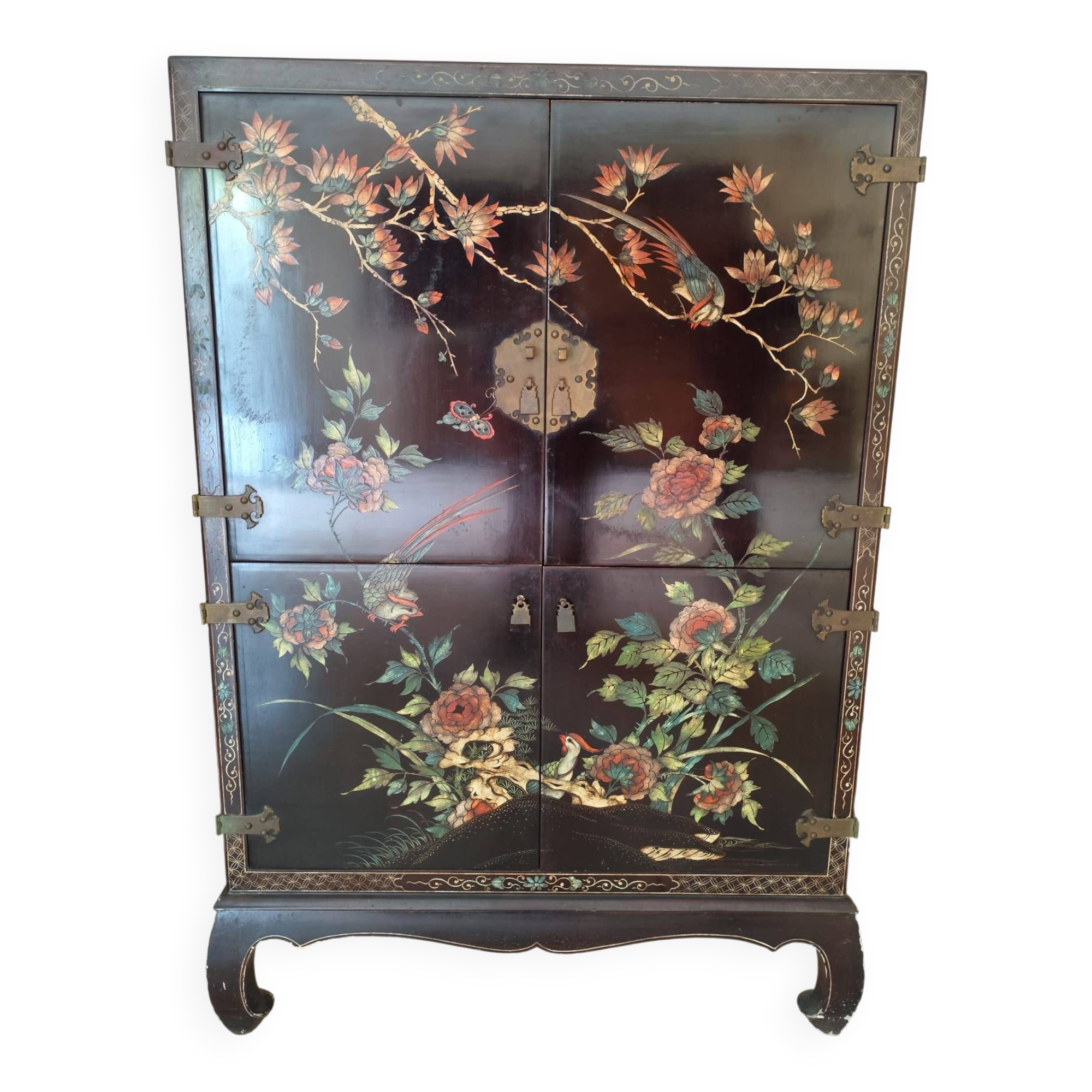 Meuble chinois laqué ancien décor oiseaux – cabinet asiatique