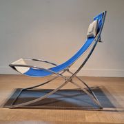 Marcello Cuneo ‘Louisa’ lounge chair in blue canvas and white leather, Italy 1970s