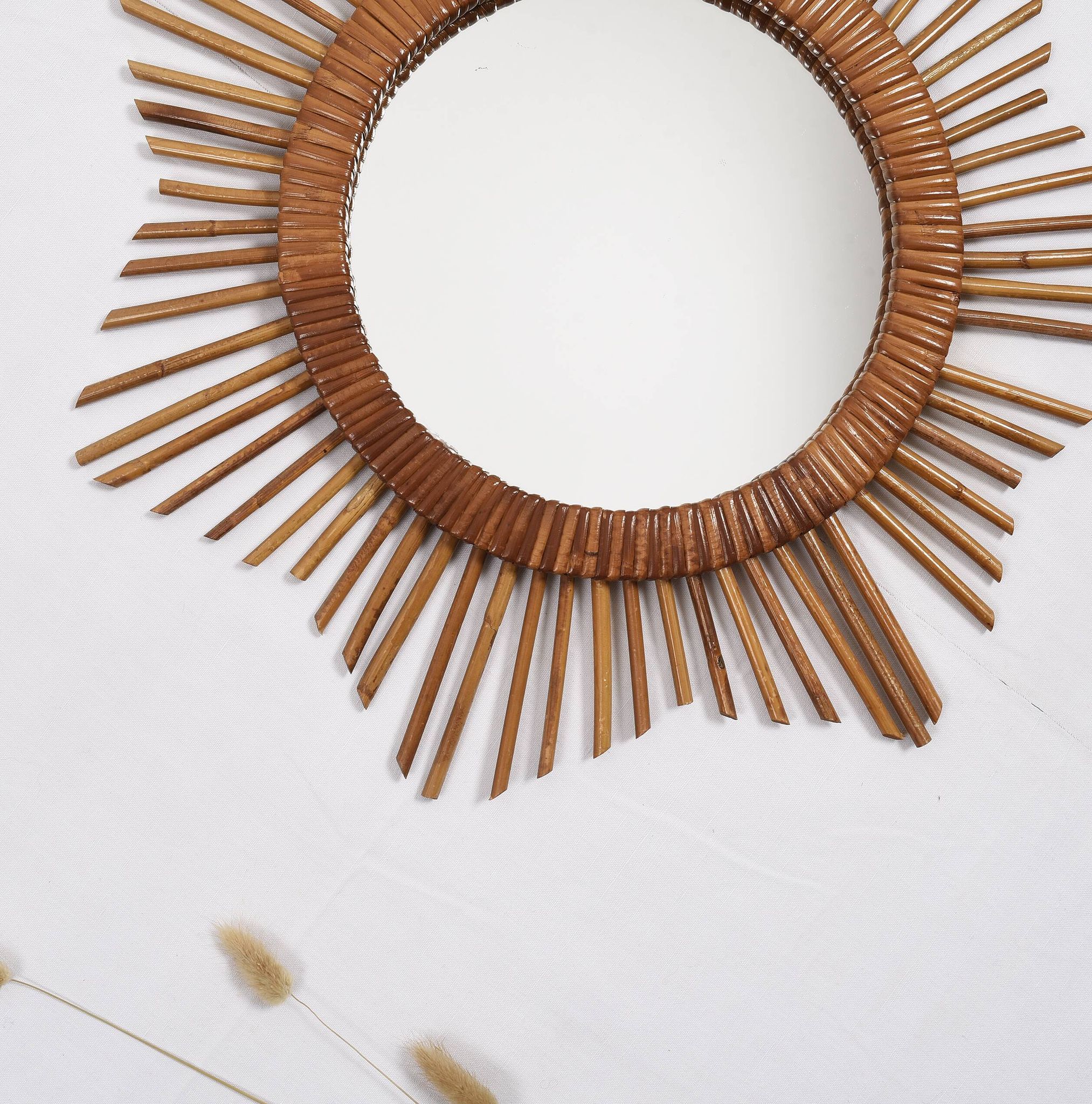 Old sun mirror 49 cm in rattan, star.