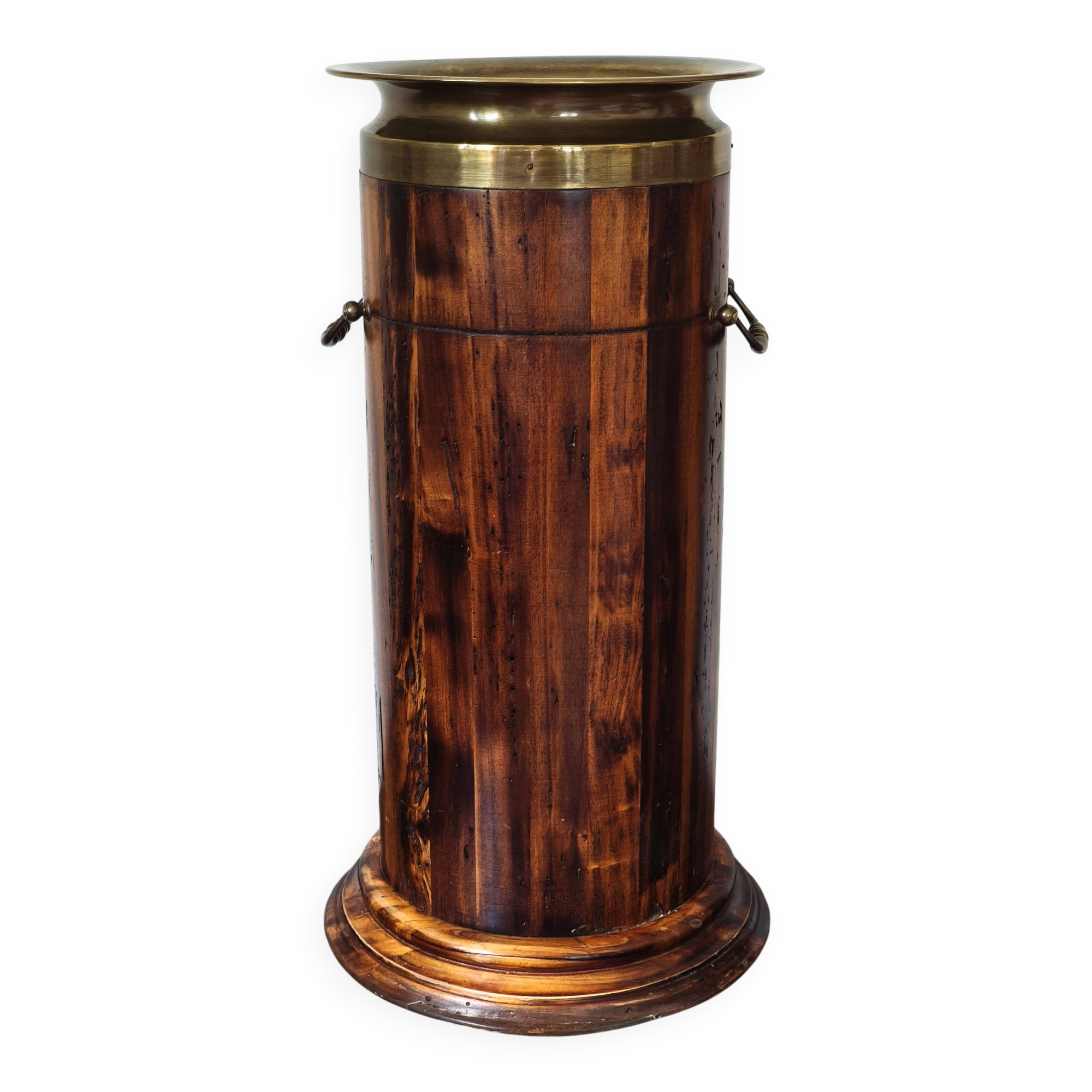 Vintage Florentine umbrella stand made of reclaimed wood and brass.