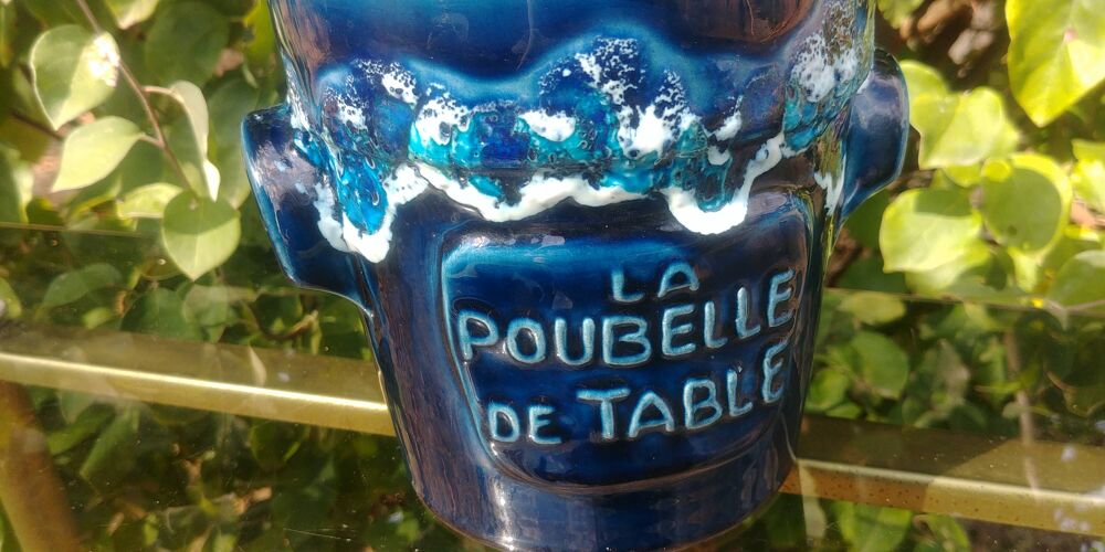 Poubelle de table en céramique vernissée bleu Vintage décor fat lava années 70