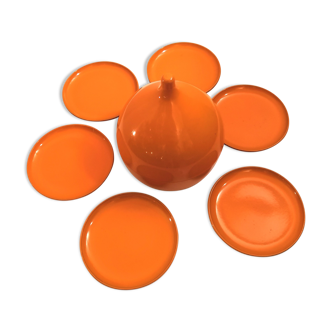 Dessous de verre et sa boite de rangement "poire" design années 70