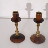 Pair of Scandinavian teak and brass candle holders