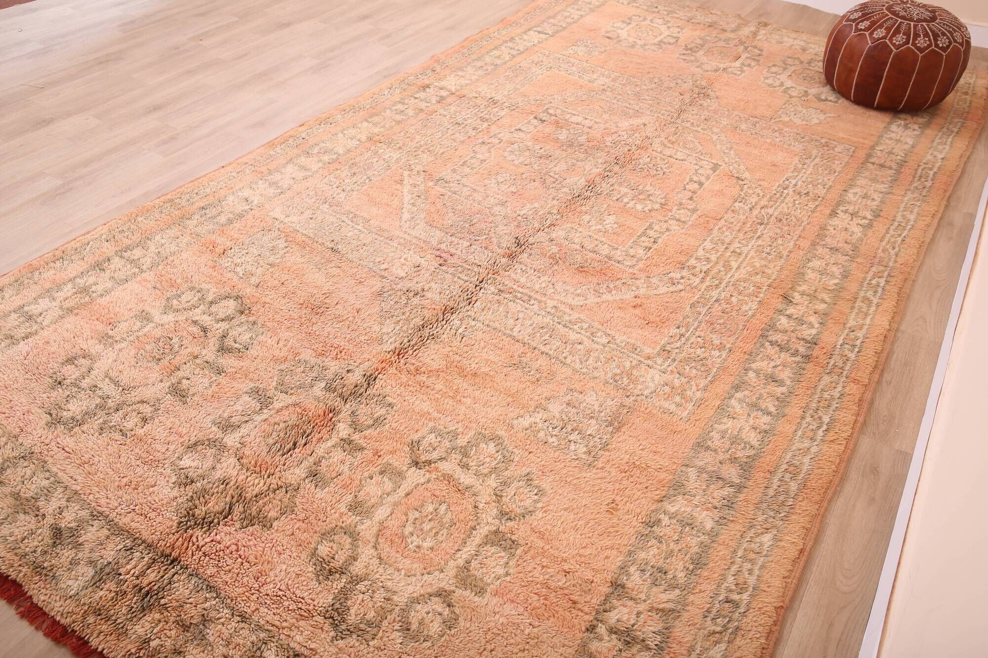 Large Vintage Moroccan Rug 203 x 376 cm, Peach Berber Wool Rug Handmade