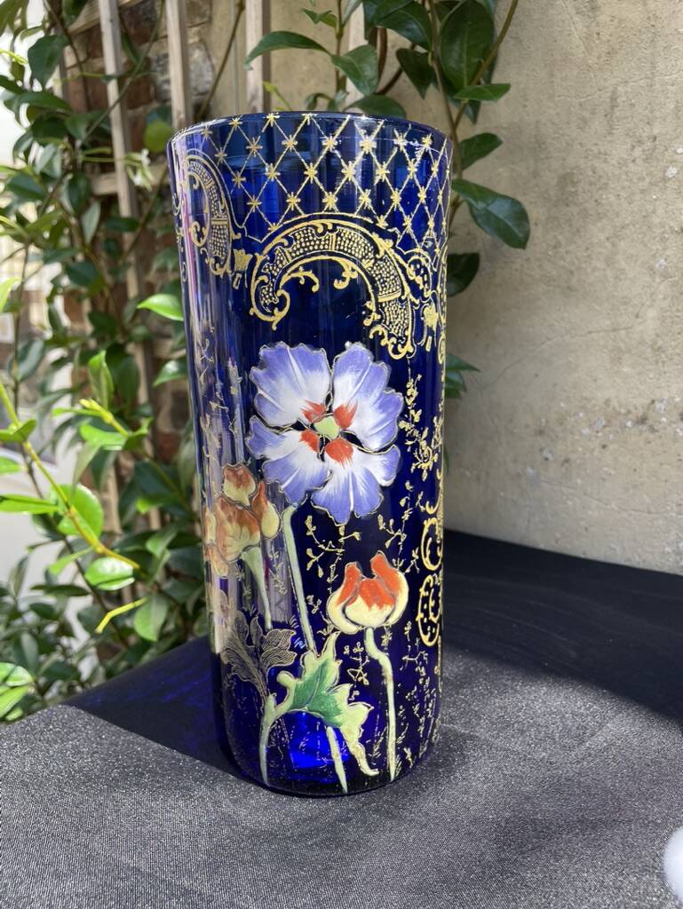 Vase « Cylindre » bleu émaillé F. T. Legras