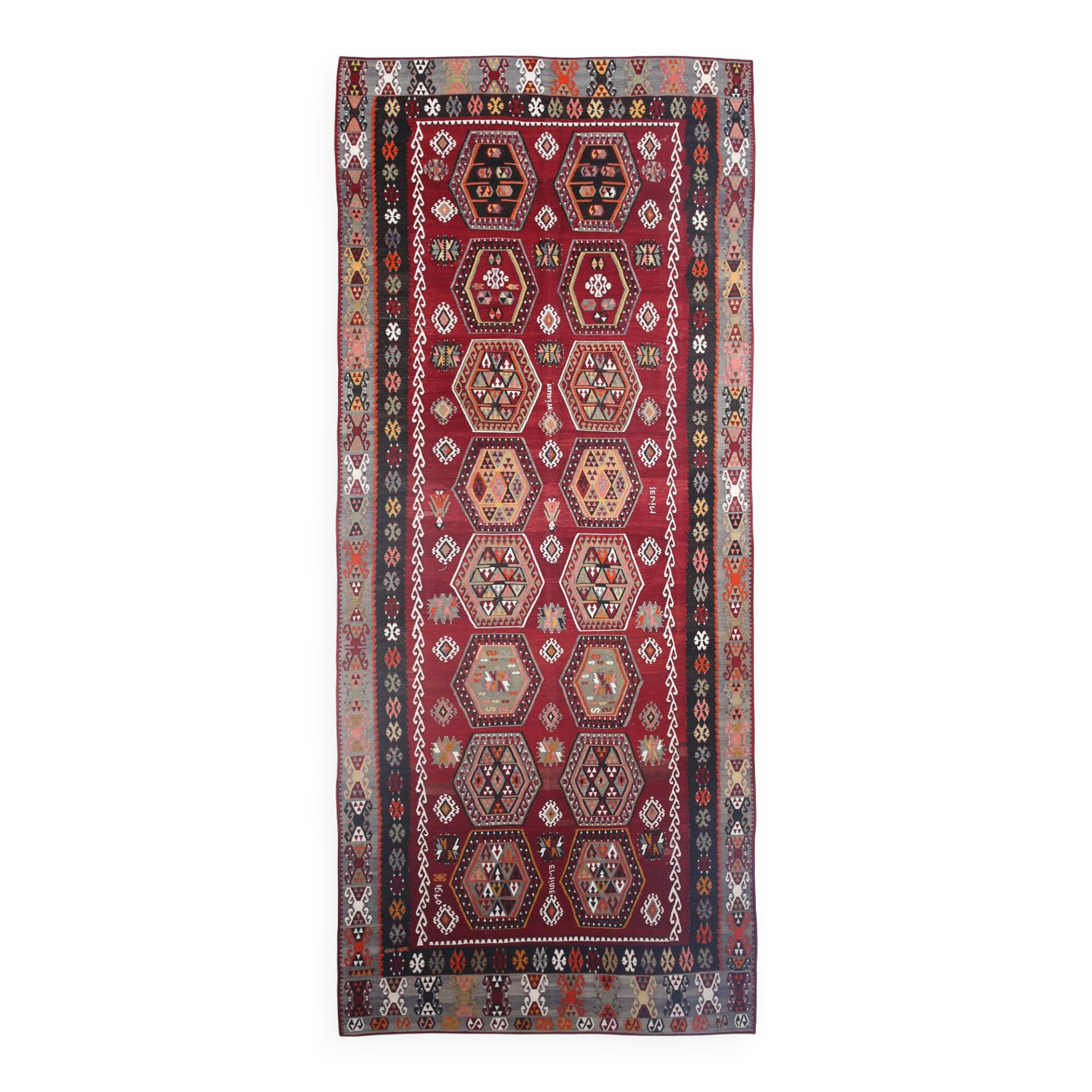 6x15 Wine Red & Green Vintage Kilim Rug, 198x468Cm
